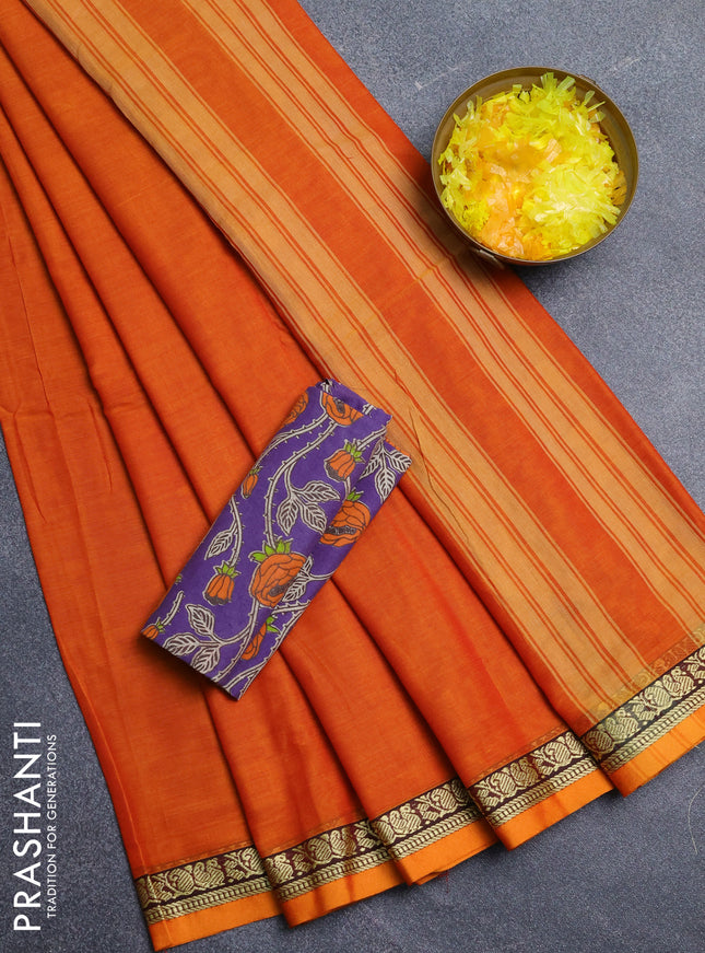 Narayanpet cotton saree orange and lavender with plain body and thread woven border