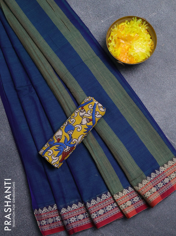 Narayanpet cotton saree dual shade of bluish green and maroon yellow with plain body and thread woven border