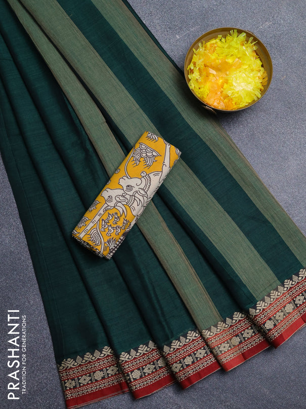 Narayanpet cotton saree dark green and maroon yellow with plain body and thread woven border