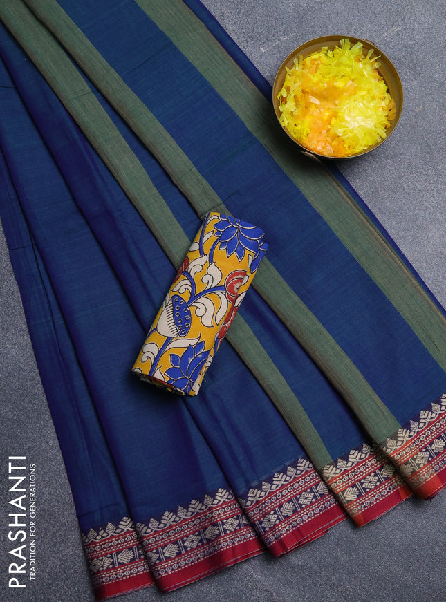 Narayanpet cotton saree dual shade of bluish green and maroon yellow with plain body and thread woven border