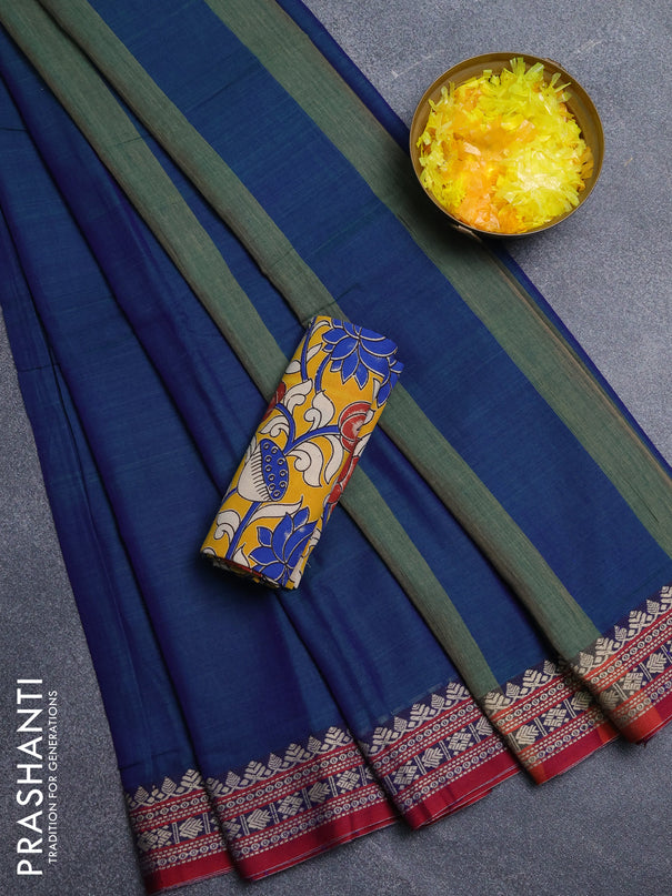 Narayanpet cotton saree dual shade of bluish green and maroon yellow with plain body and thread woven border