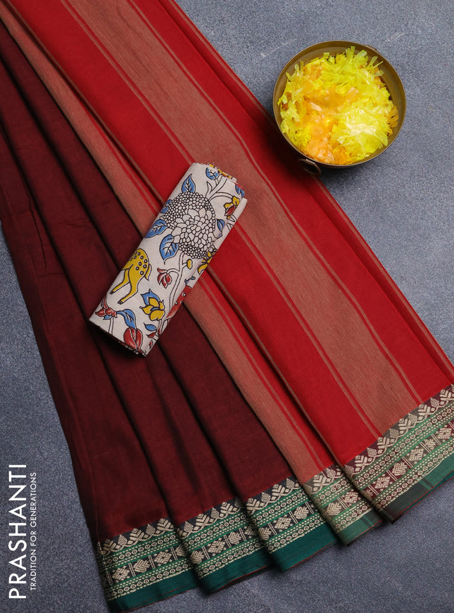 Narayanpet cotton saree maroon and green beige with plain body and thread woven border