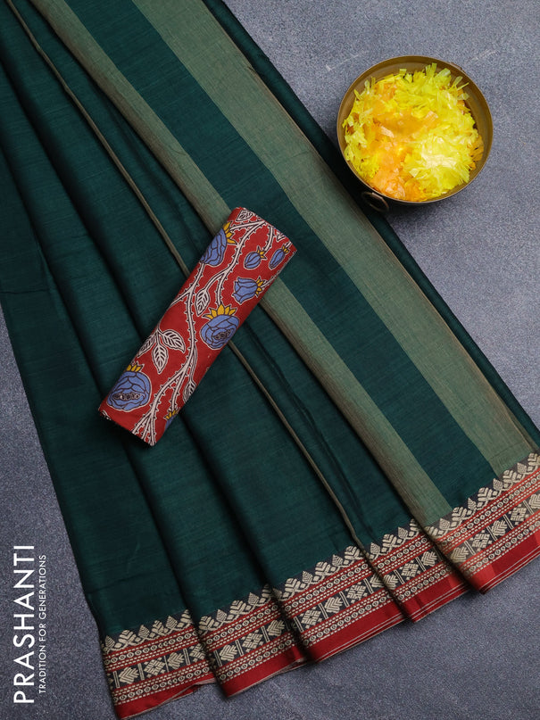 Narayanpet cotton saree dark green and maroon with plain body and thread woven border