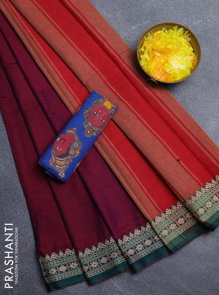 Narayanpet cotton saree dual shade of purple and green blue with plain body and thread woven border