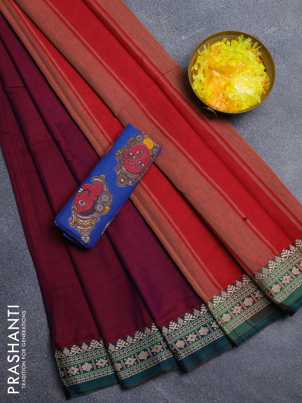 Narayanpet cotton saree dual shade of purple and green blue with plain body and thread woven border