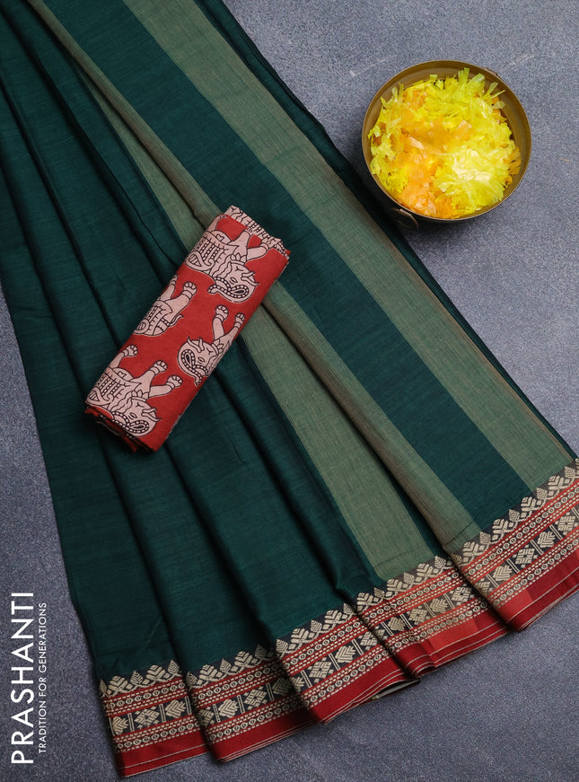 Narayanpet cotton saree bottle green and maroon with plain body and thread woven border