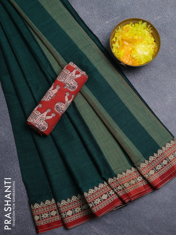 Narayanpet cotton saree bottle green and maroon with plain body and thread woven border