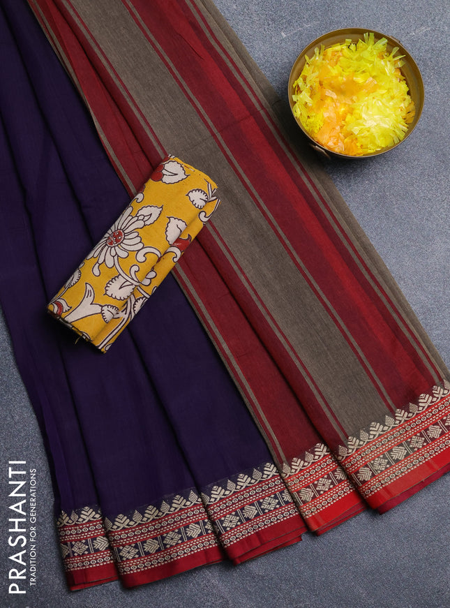 Narayanpet cotton saree violet and yellow with plain body and thread woven border