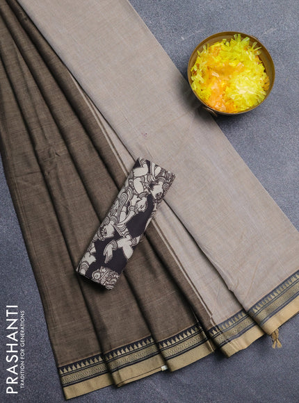 Narayanpet cotton saree chikku shade and black with plain body and thread woven border