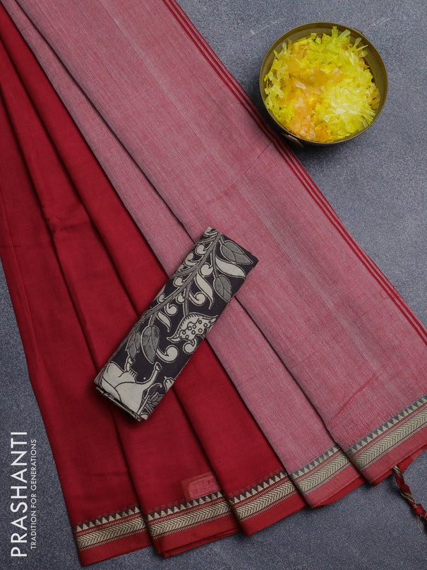 Narayanpet cotton saree red and black with plain body and thread woven border