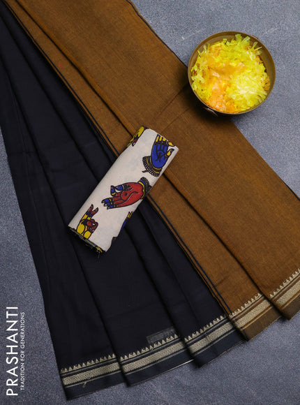 Narayanpet cotton saree black and beige with plain body and thread woven border