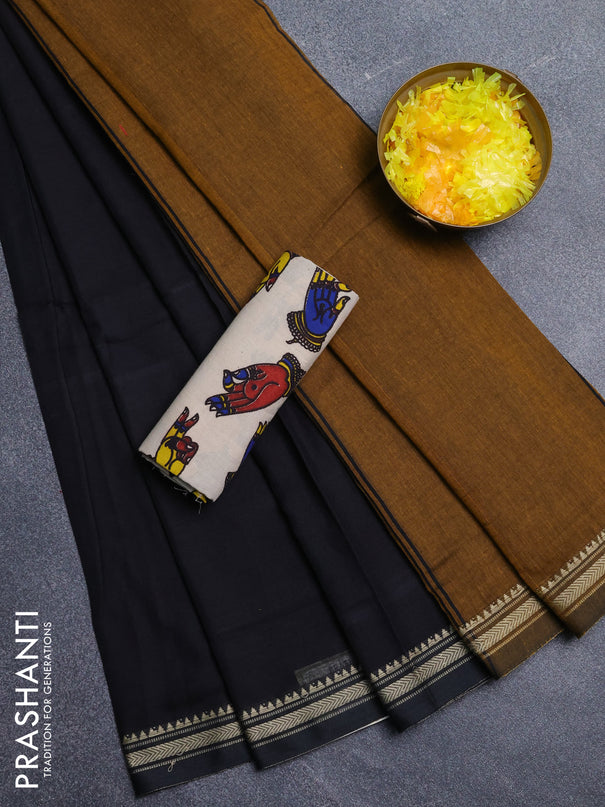 Narayanpet cotton saree black and beige with plain body and thread woven border