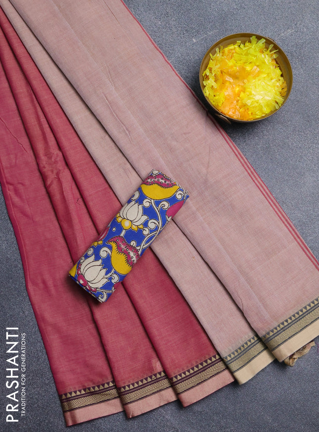 Narayanpet cotton saree dual shade of pink and blue with plain body and thread woven border