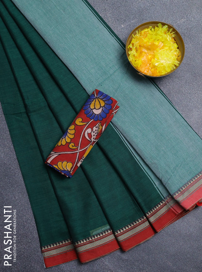 Narayanpet cotton saree green and maroon with plain body and thread woven border
