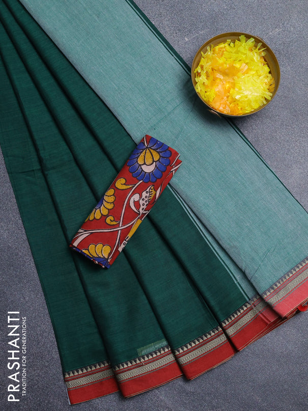 Narayanpet cotton saree green and maroon with plain body and thread woven border