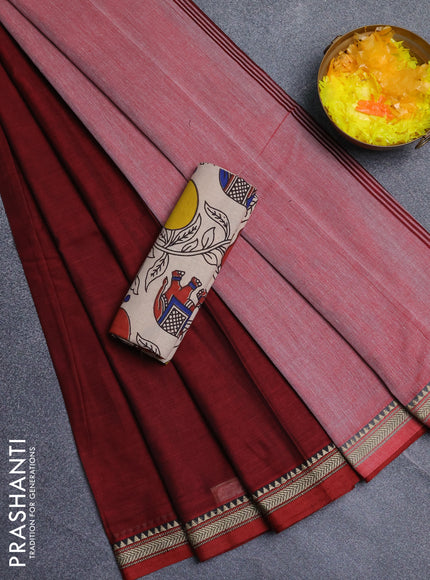 Narayanpet cotton saree maroon and beige with plain body and thread woven border