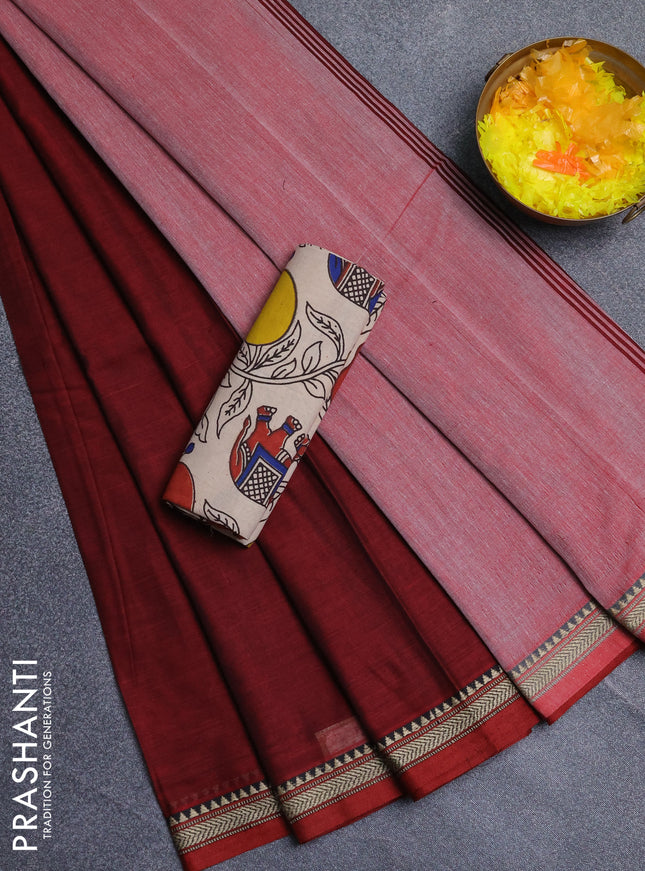 Narayanpet cotton saree maroon and beige with plain body and thread woven border