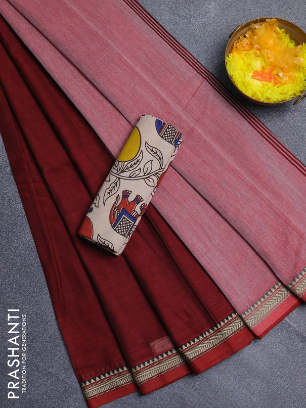 Narayanpet cotton saree maroon and beige with plain body and thread woven border