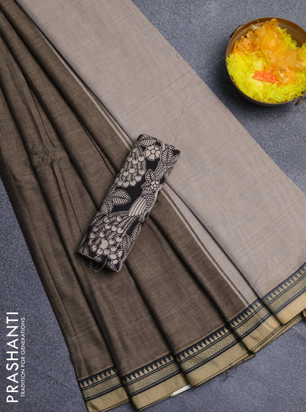 Narayanpet cotton saree chickku shade and black with plain body and thread woven border