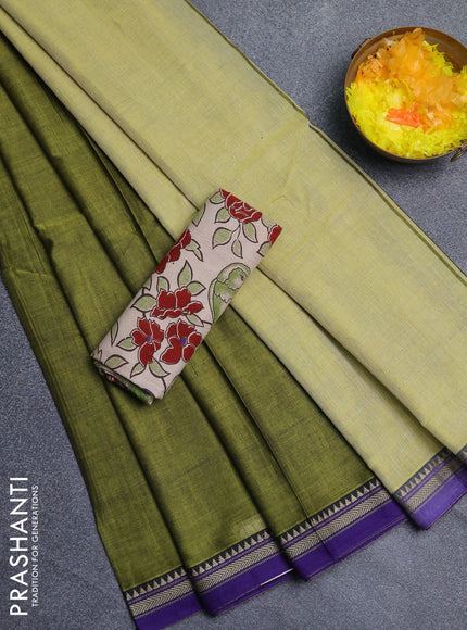 Narayanpet cotton saree light green and beige with plain body and thread woven border