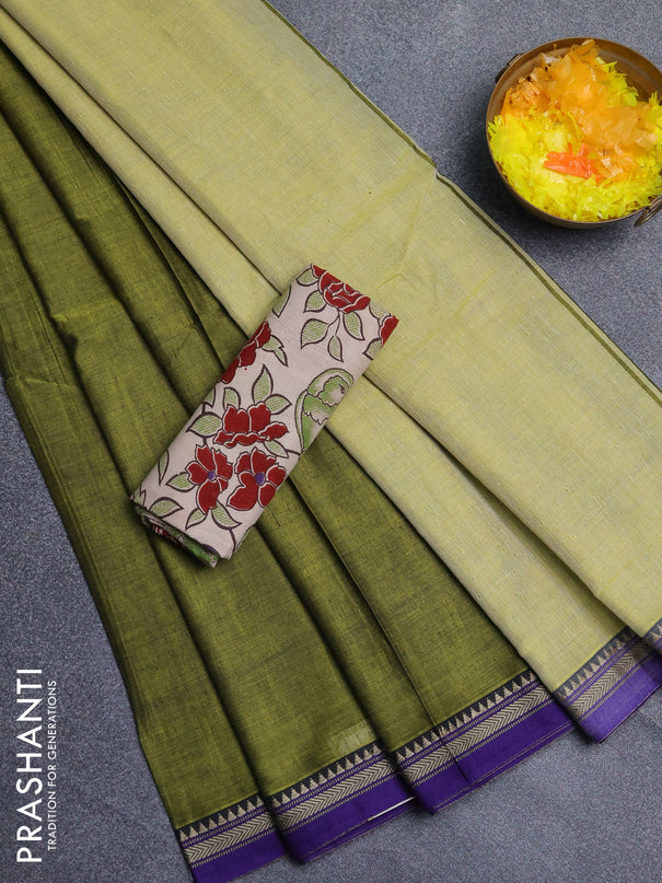 Narayanpet cotton saree light green and beige with plain body and thread woven border