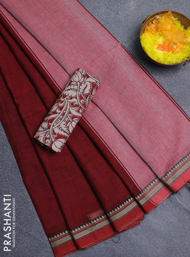 Narayanpet cotton saree maroon and beige with plain body and thread woven border