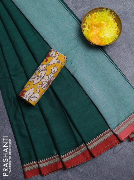 Narayanpet cotton saree green and yellow with plain body and thread woven border