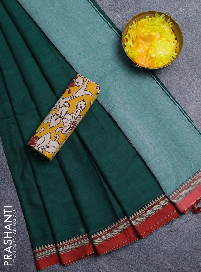 Narayanpet cotton saree green and yellow with plain body and thread woven border