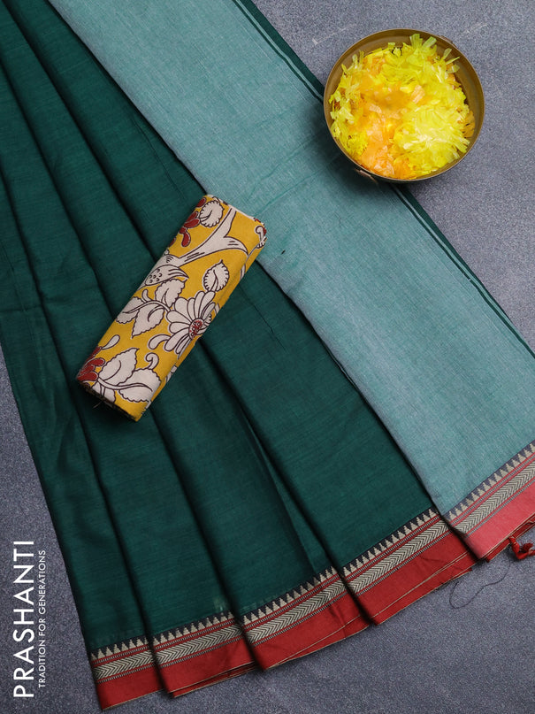 Narayanpet cotton saree green and yellow with plain body and thread woven border