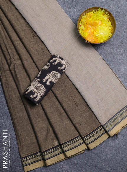 Narayanpet cotton saree chickku shade and black with plain body and thread woven border