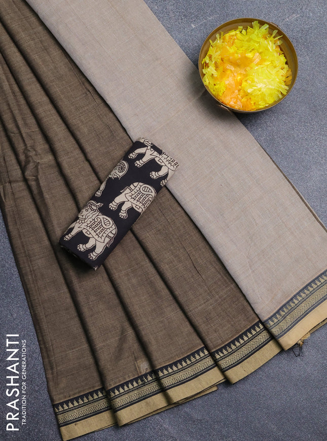 Narayanpet cotton saree chickku shade and black with plain body and thread woven border