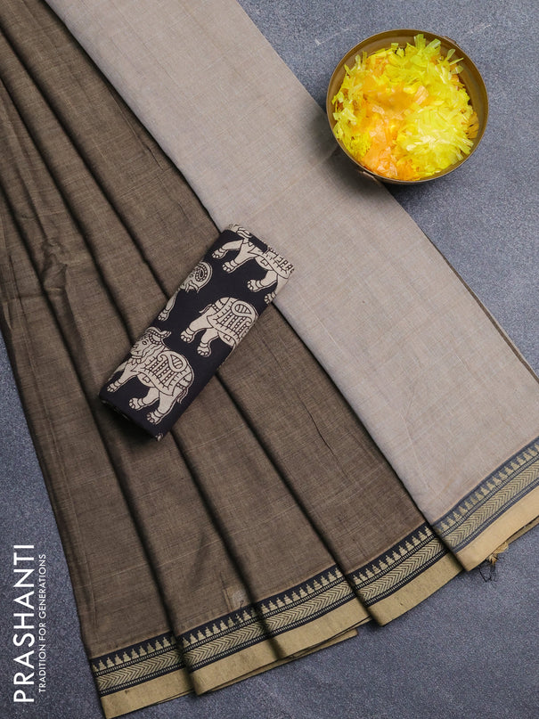 Narayanpet cotton saree chickku shade and black with plain body and thread woven border