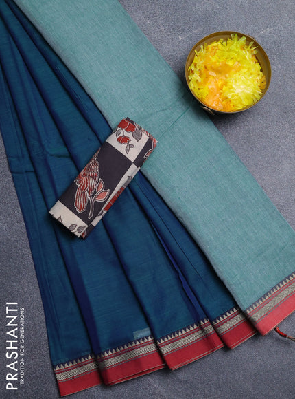 Narayanpet cotton saree dual shade of greenish blue and beige with plain body and thread woven border