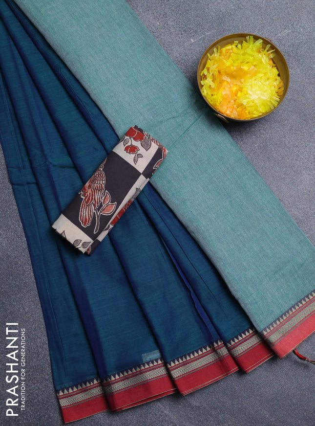 Narayanpet cotton saree dual shade of greenish blue and beige with plain body and thread woven border