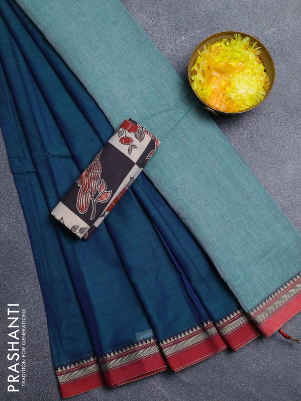 Narayanpet cotton saree dual shade of greenish blue and beige with plain body and thread woven border