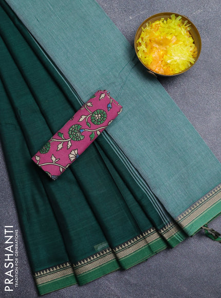 Narayanpet cotton saree green and pink with plain body and thread woven border