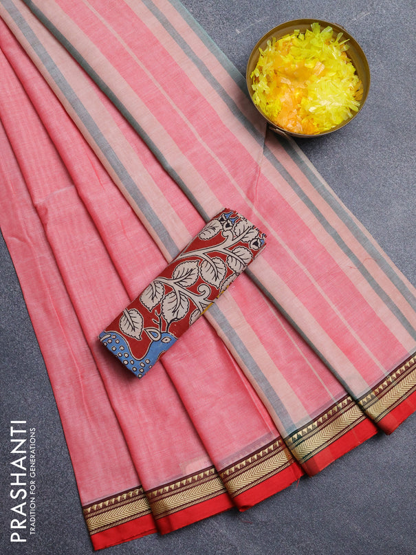Narayanpet cotton saree red and maroon with plain body and thread woven border