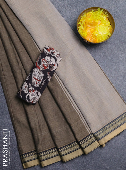Narayanpet cotton saree chickku shade and black with plain body and thread woven border