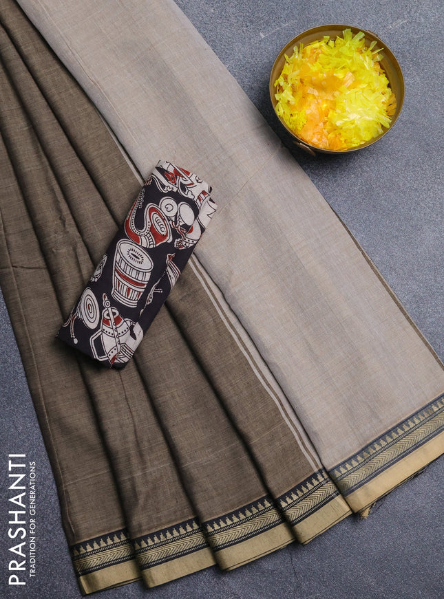 Narayanpet cotton saree chickku shade and black with plain body and thread woven border