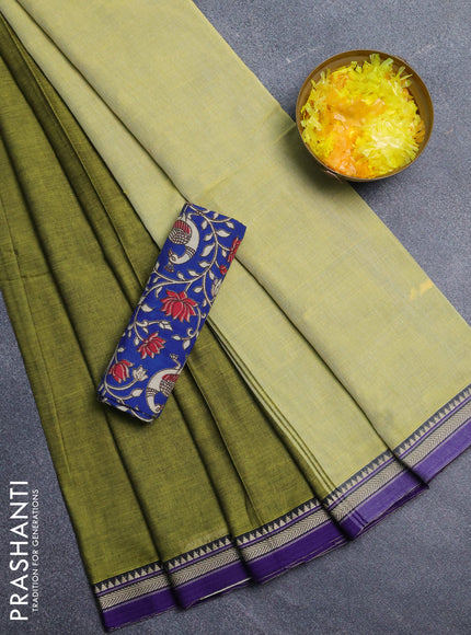 Narayanpet cotton saree light green and blue with plain body and thread woven border