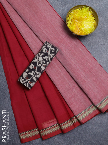 Narayanpet cotton saree red and black with plain body and thread woven border