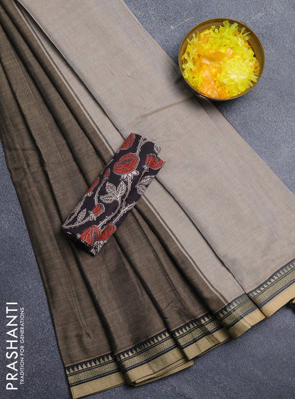 Narayanpet cotton saree chikku shade and black with plain body and thread woven border