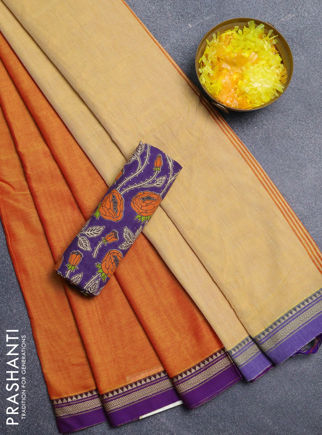 Narayanpet cotton saree sunset orange and violet with plain body and thread woven border