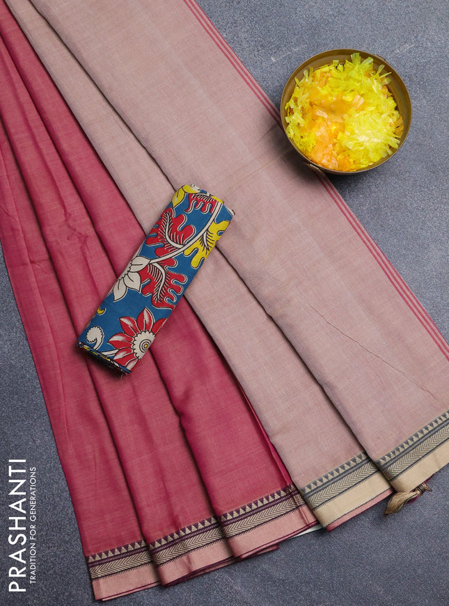 Narayanpet cotton saree dual shade of pink and peacock green with plain body and thread woven border