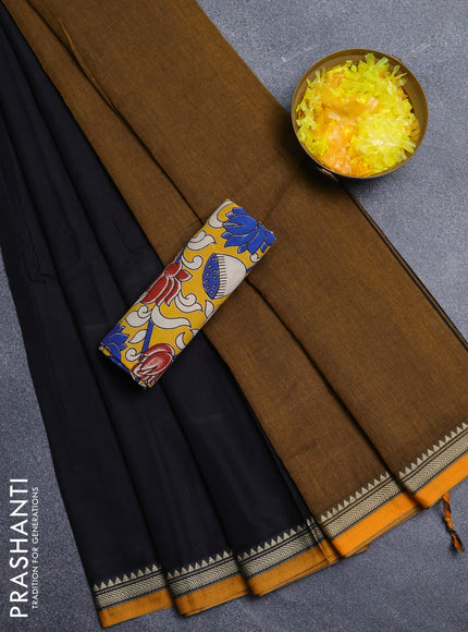 Narayanpet cotton saree black and yellow with plain body and thread woven border