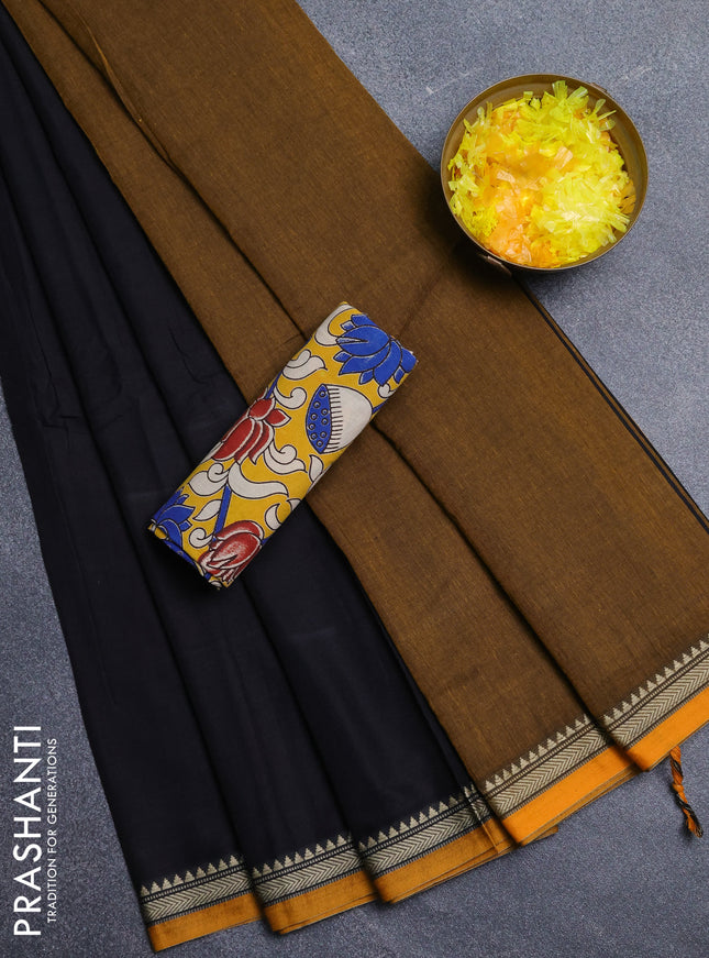 Narayanpet cotton saree black and yellow with plain body and thread woven border