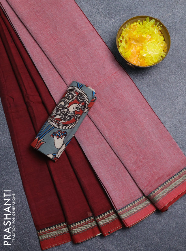 Narayanpet cotton saree maroon and grey with plain body and thread woven border