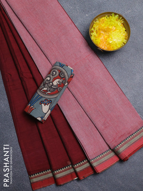 Narayanpet cotton saree maroon and grey with plain body and thread woven border