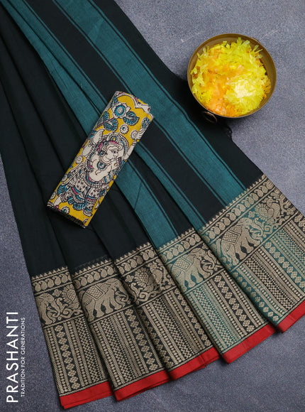 Narayanpet cotton saree bottle green and red yellow with plain body and long thread woven border