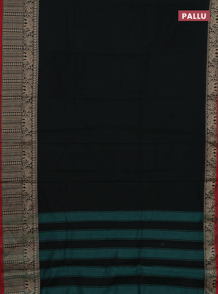 Narayanpet cotton saree bottle green and red yellow with plain body and long thread woven border